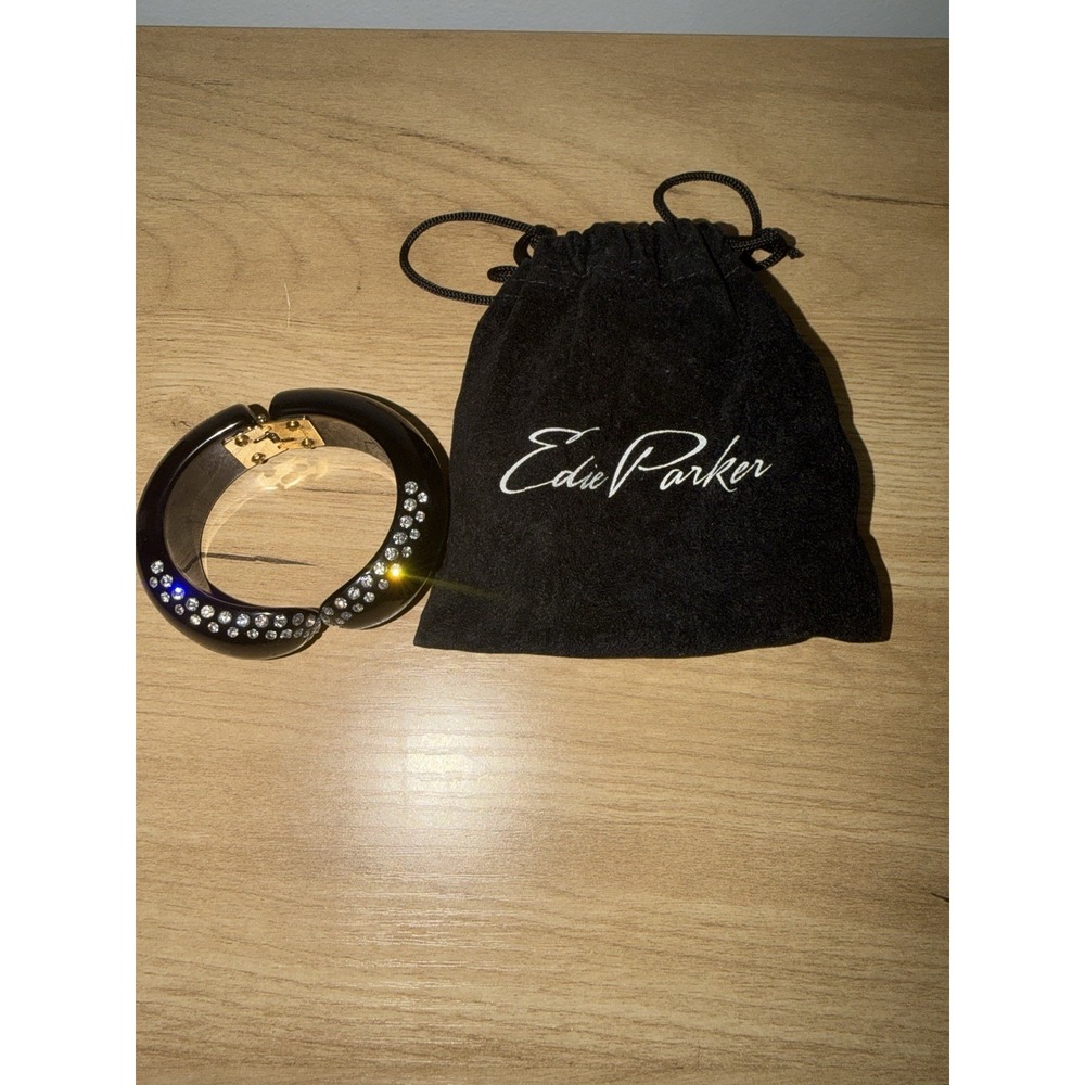 Edie Parker Acrylic Hinge Bracelet W/ Crystal & Gold Tone Detail Signed Black